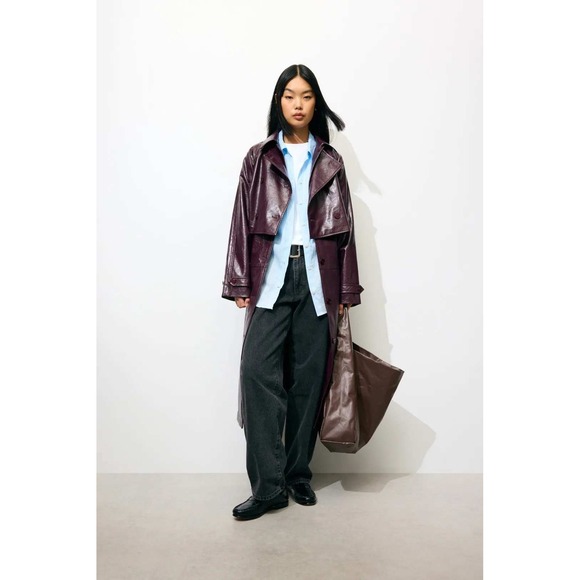 Rosetta Getty Collective Jackets & Blazers - Rosetta Getty Collective Burgundy Metallic Faux Leather Trench Coat XL Belted